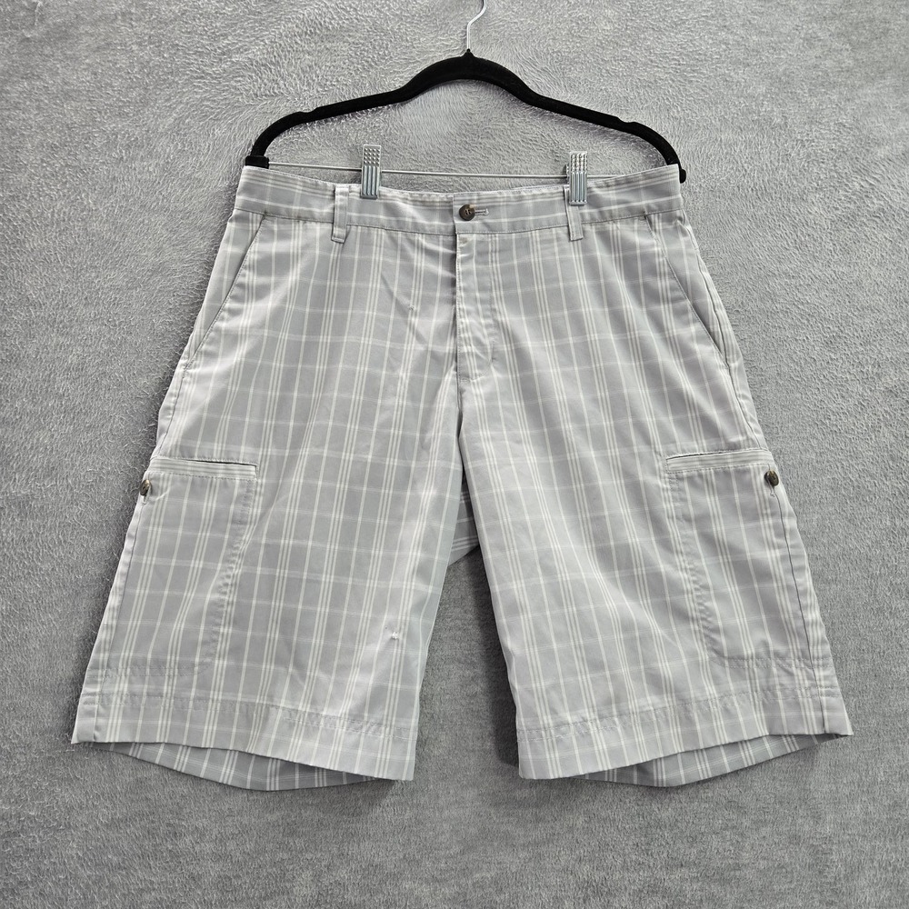 Adidas Men Shorts 32 Gray Plaid Cargo Golf Mid Rise 11" Inseam Polyester READ